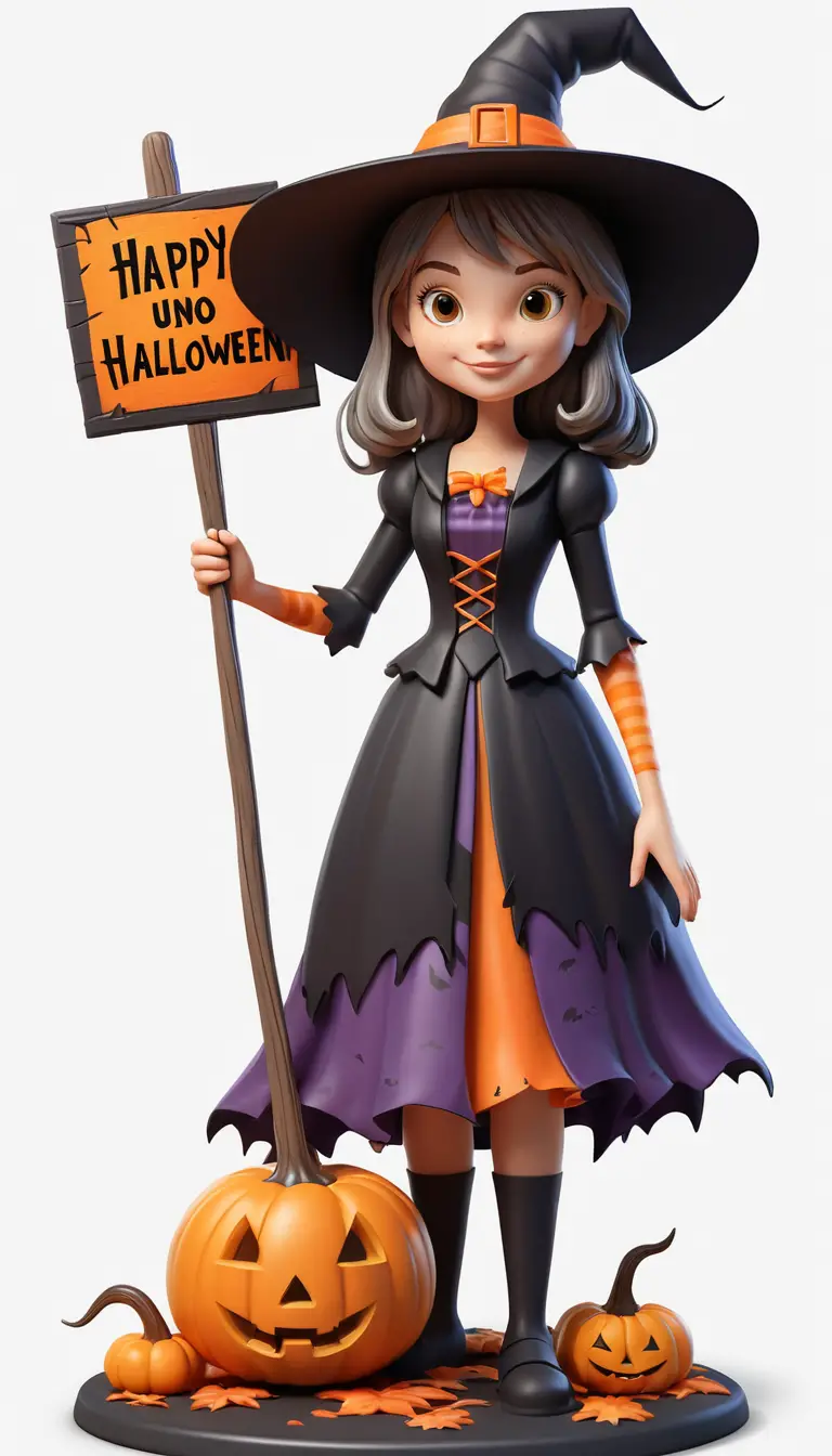 Eine niedliche 3D-Hexe hält neben einem Halloween-Kürbis einen Besen