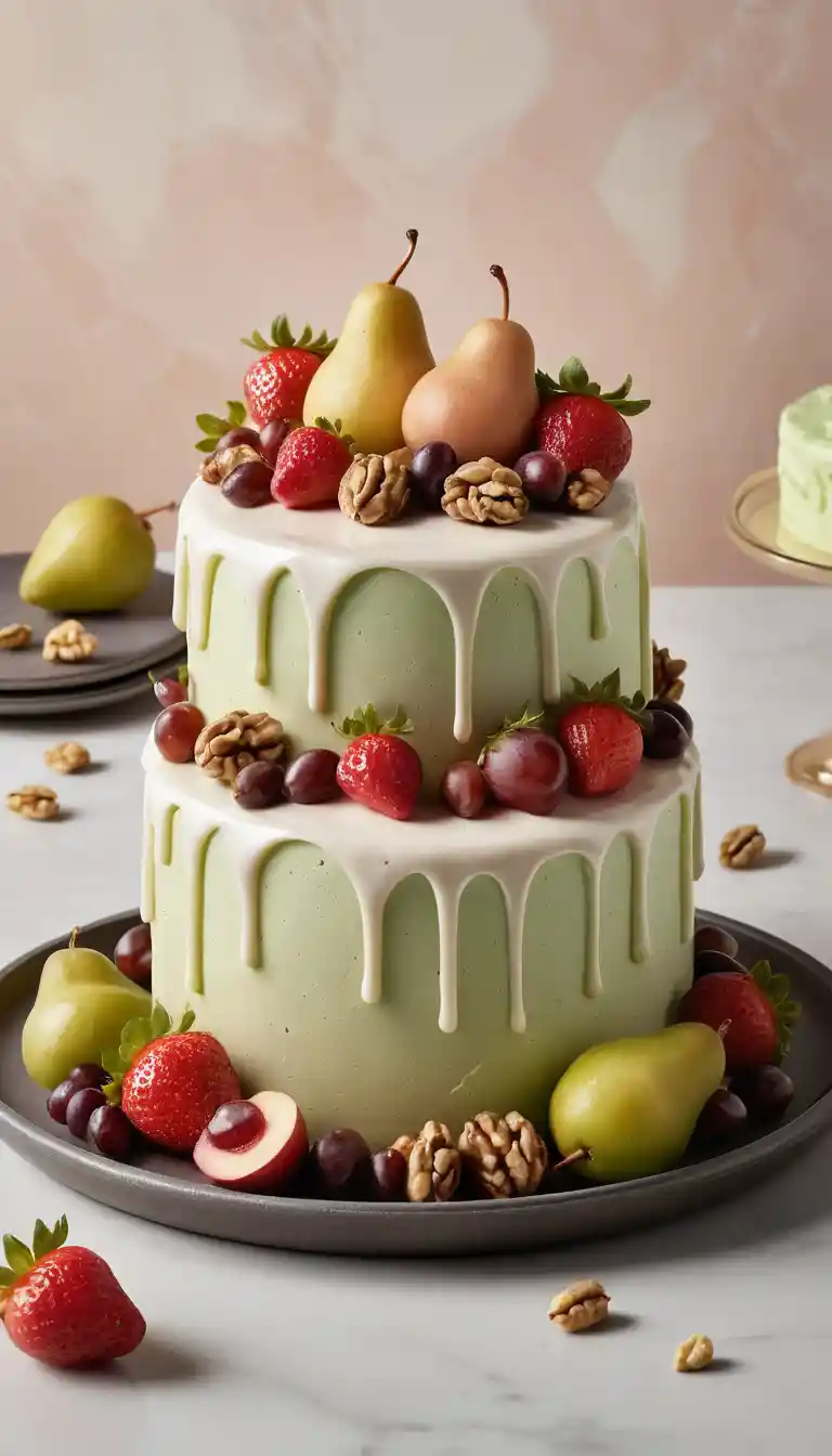 Una tarta helada en capas decorada con frutas de mazapán y merengue