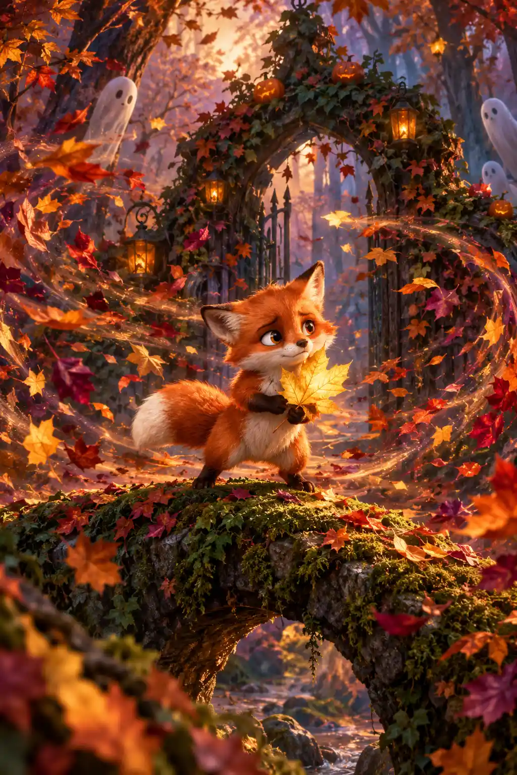 Ein Rotfuchs bewacht ein goldenes Ahornblatt auf einer Brücke im Wald