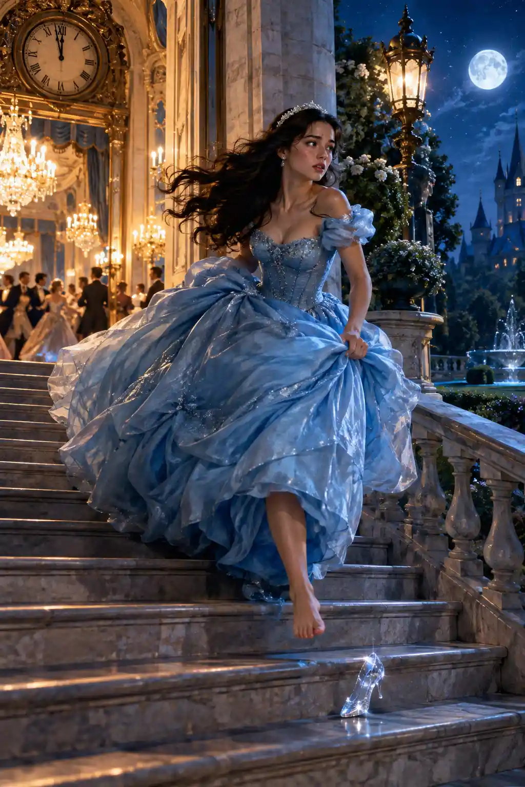 Uma jovem de vestido azul desce as escadas a toda a pressa e perde um sapatinho de vidro