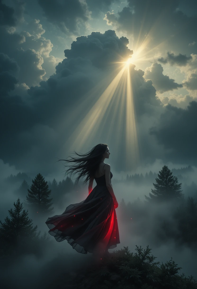 Una donna sferzata dal vento tra nubi tempestose e luminose in un paesaggio fantasy
