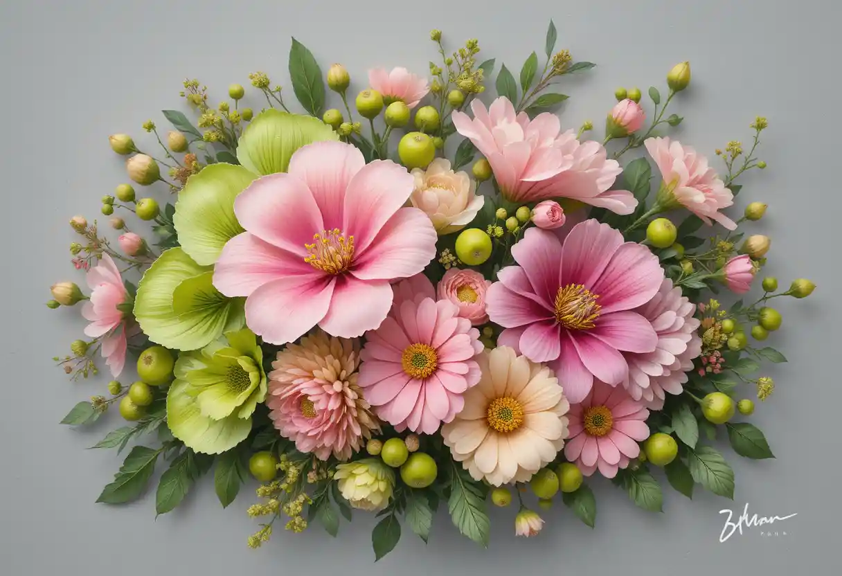 Vibrante ramo floral con flores rosas, bayas verdes y follaje