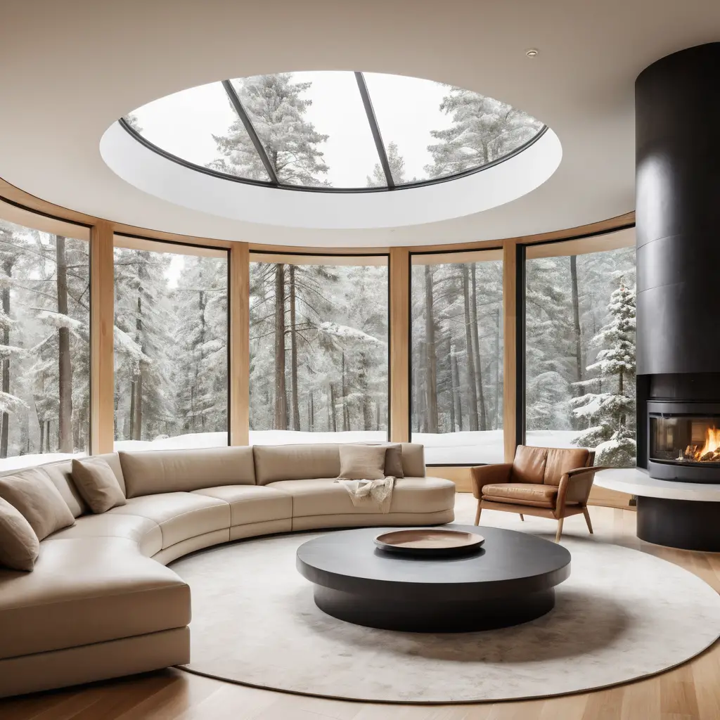 Intérieur futuriste aux formes organiques en bois et avec vue sur une forêt enneigée