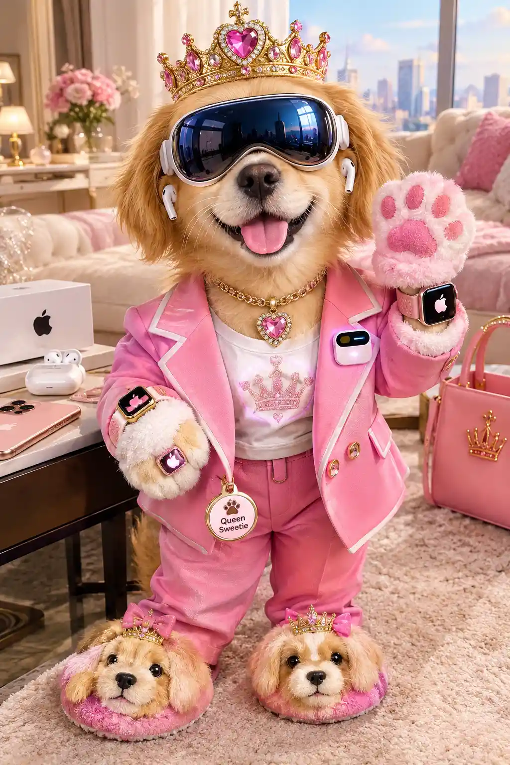 Eine Hundemaskottchen-Prinzessin mit Krone und passenden Accessoires