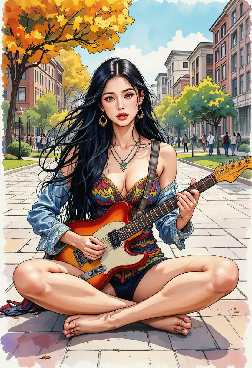 Uma mulher hippie de cabelos longos toca guitarra sentada de pernas cruzadas no campus