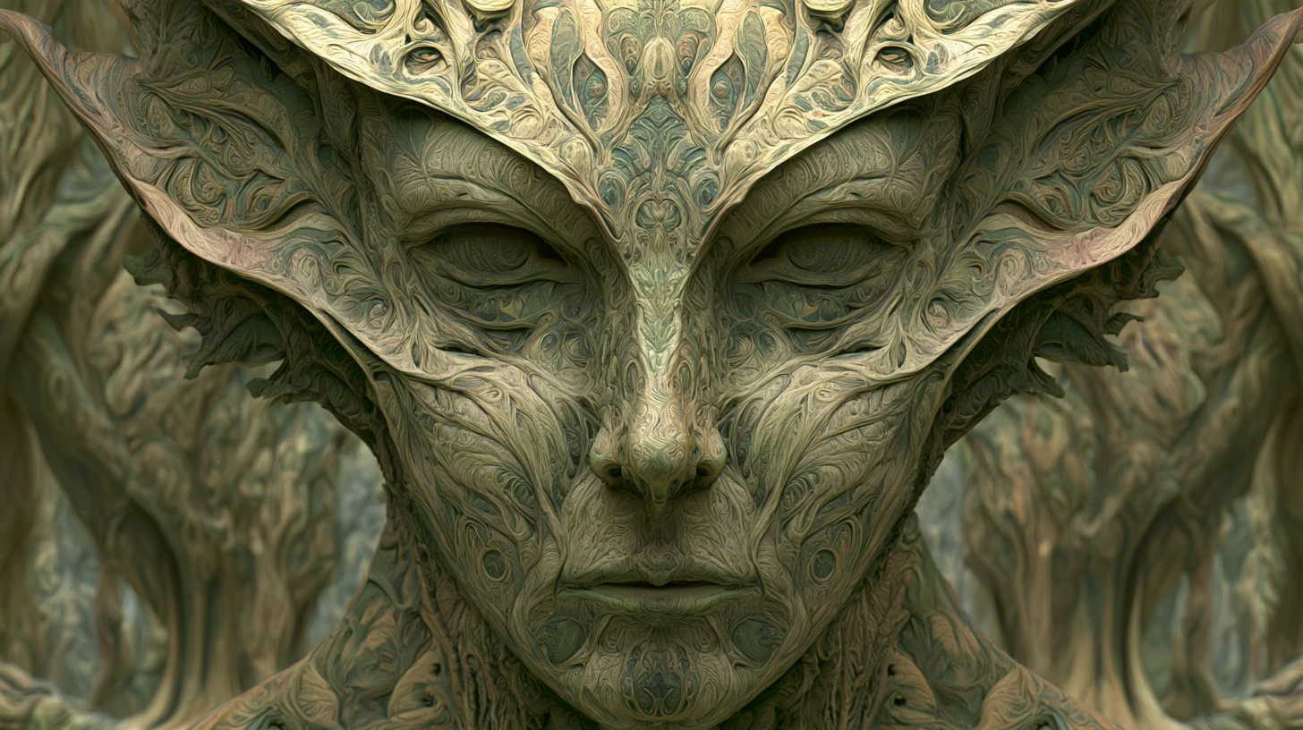 Colossal women rise from a glowing primordial swamp