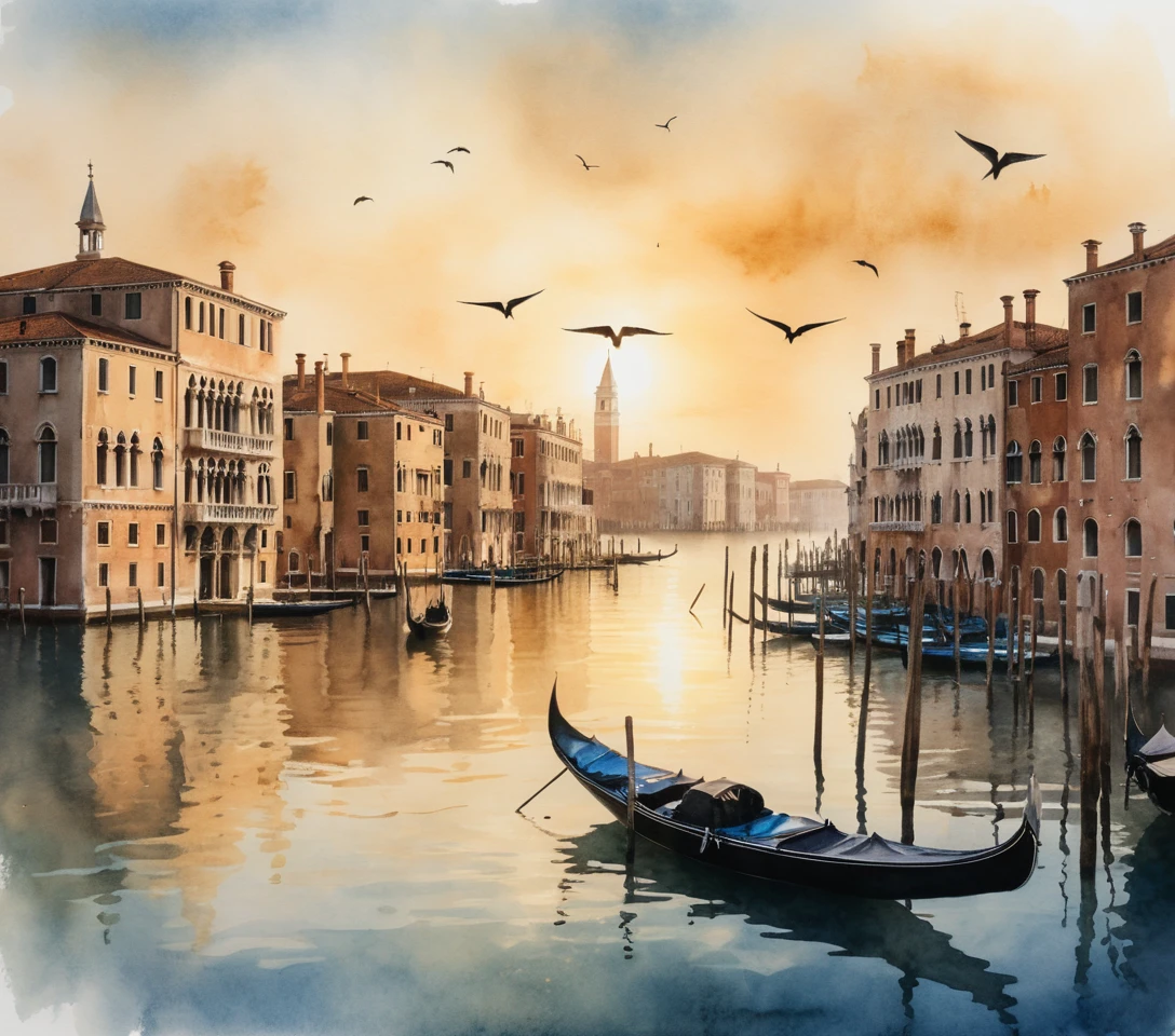 Watercolor Sunrise Over Venice’s Lagoon With Gondolas and Historic Buildings