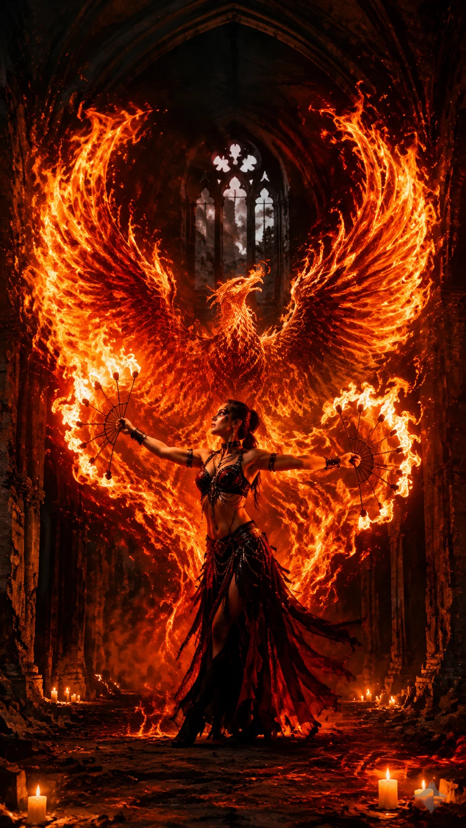 A fire dancer performs before a flaming phoenix in a ruined cathedral