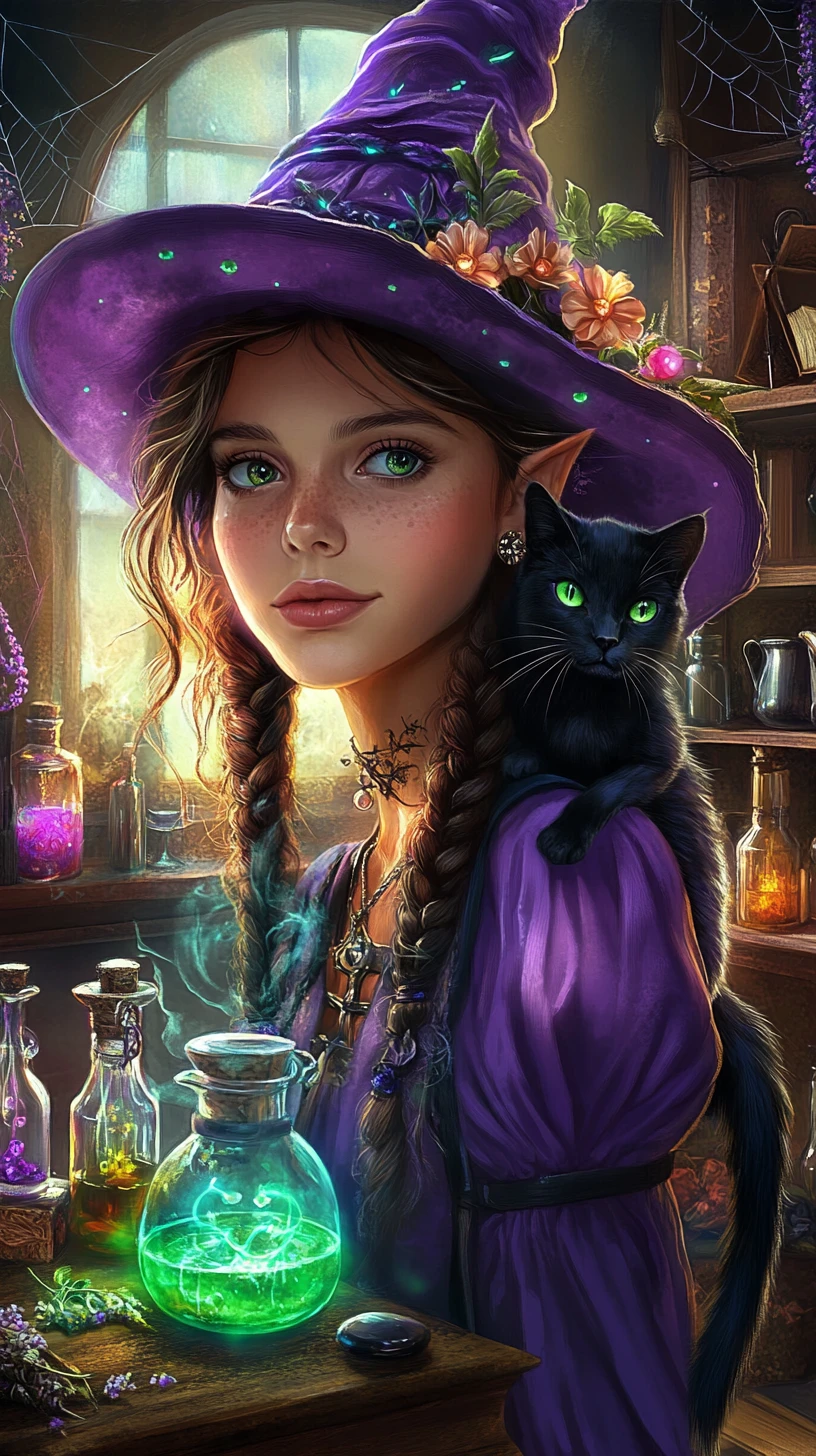 Young witch with a flowered hat in a cozy attic apothecary