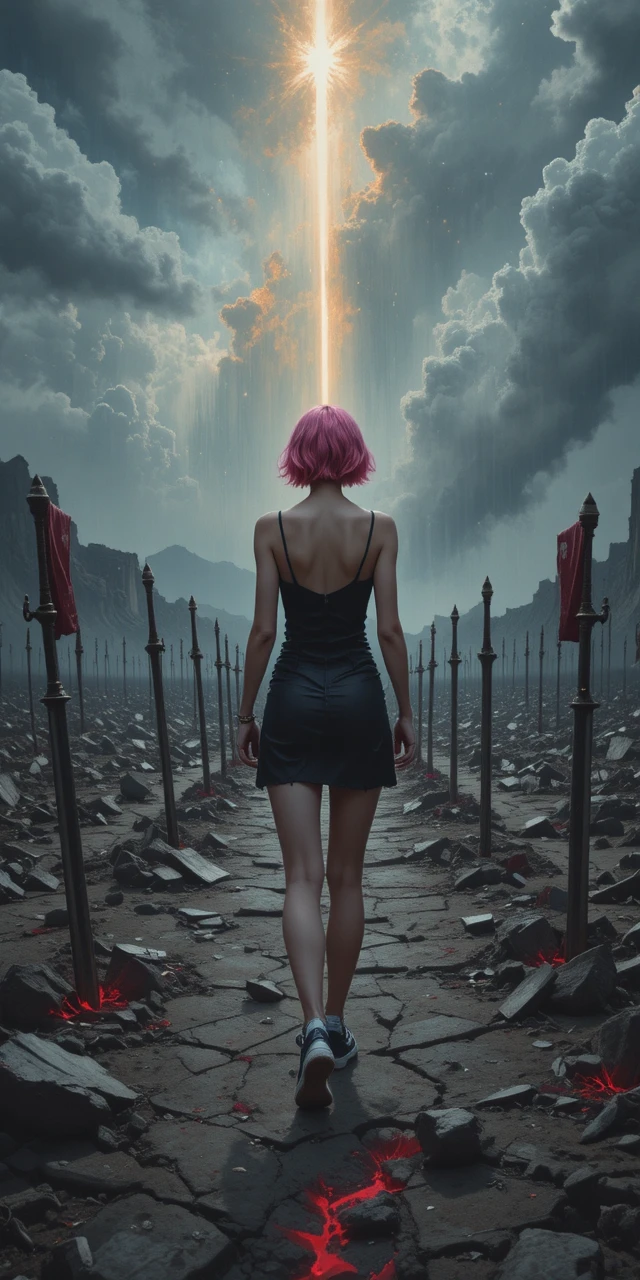 Une femme aux cheveux roses traverse un champ de bataille dévasté sous des nuages d’orage