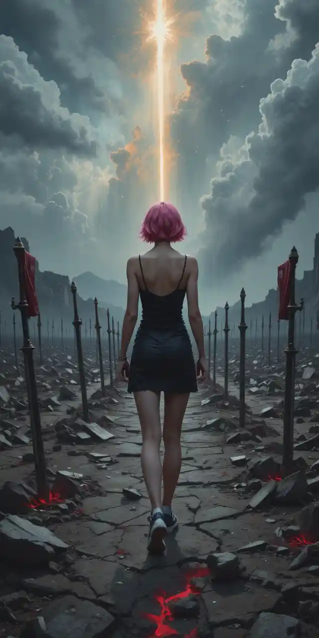 Una donna dai capelli rosa cammina tra le rovine di un campo di battaglia sotto nubi temporalesche