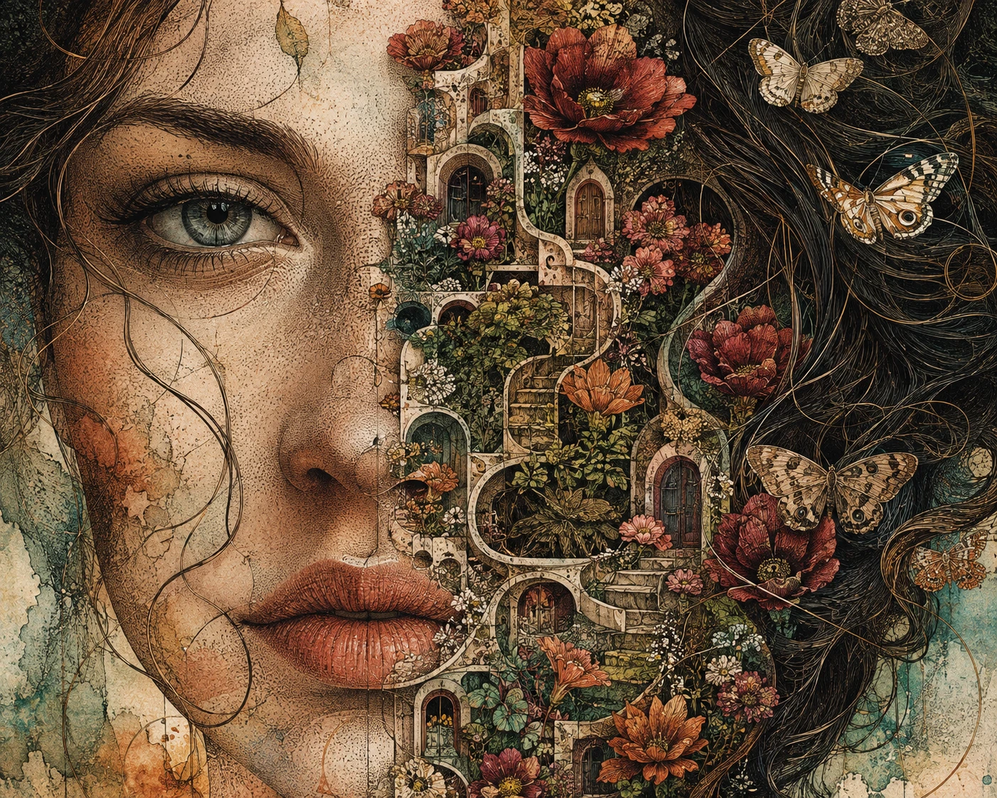 A surreal woman's close-up portrait opens into a hidden garden