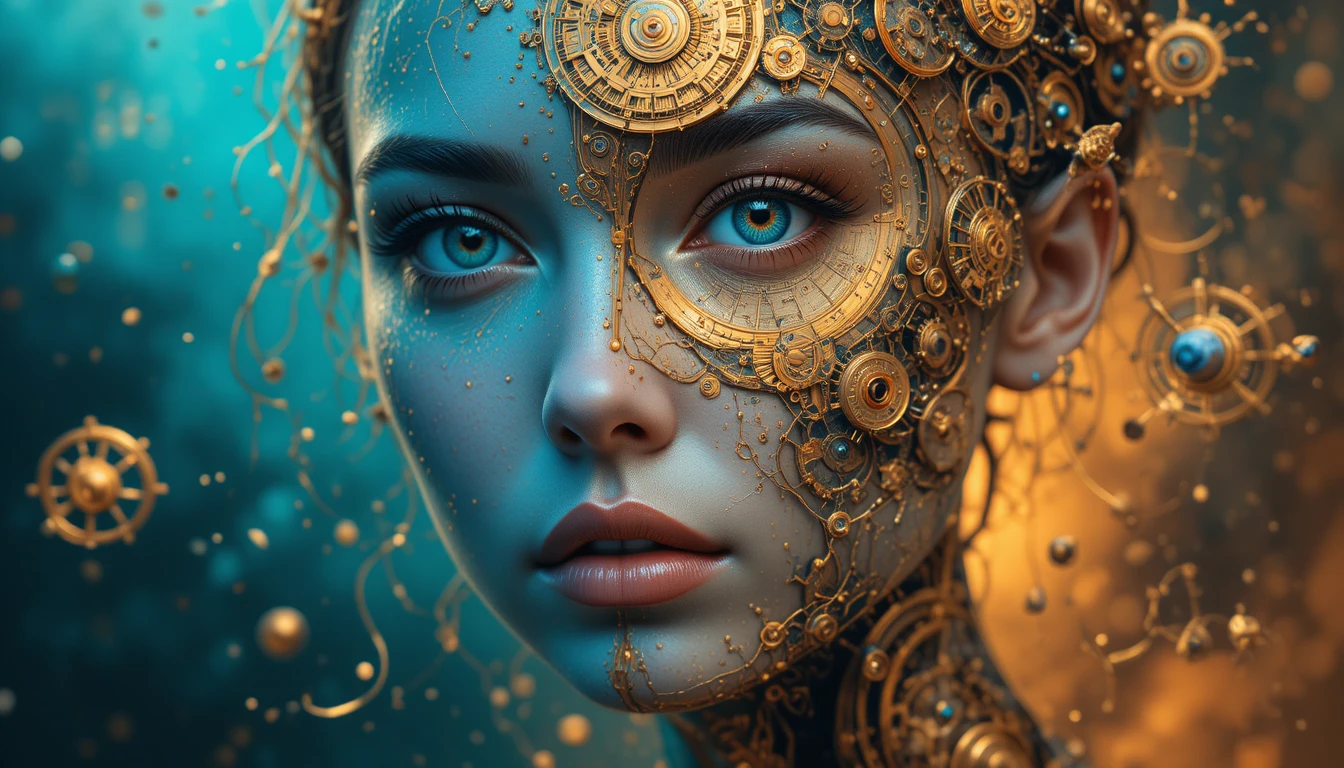 A surreal woman's split face blends human portraiture with golden clockwork