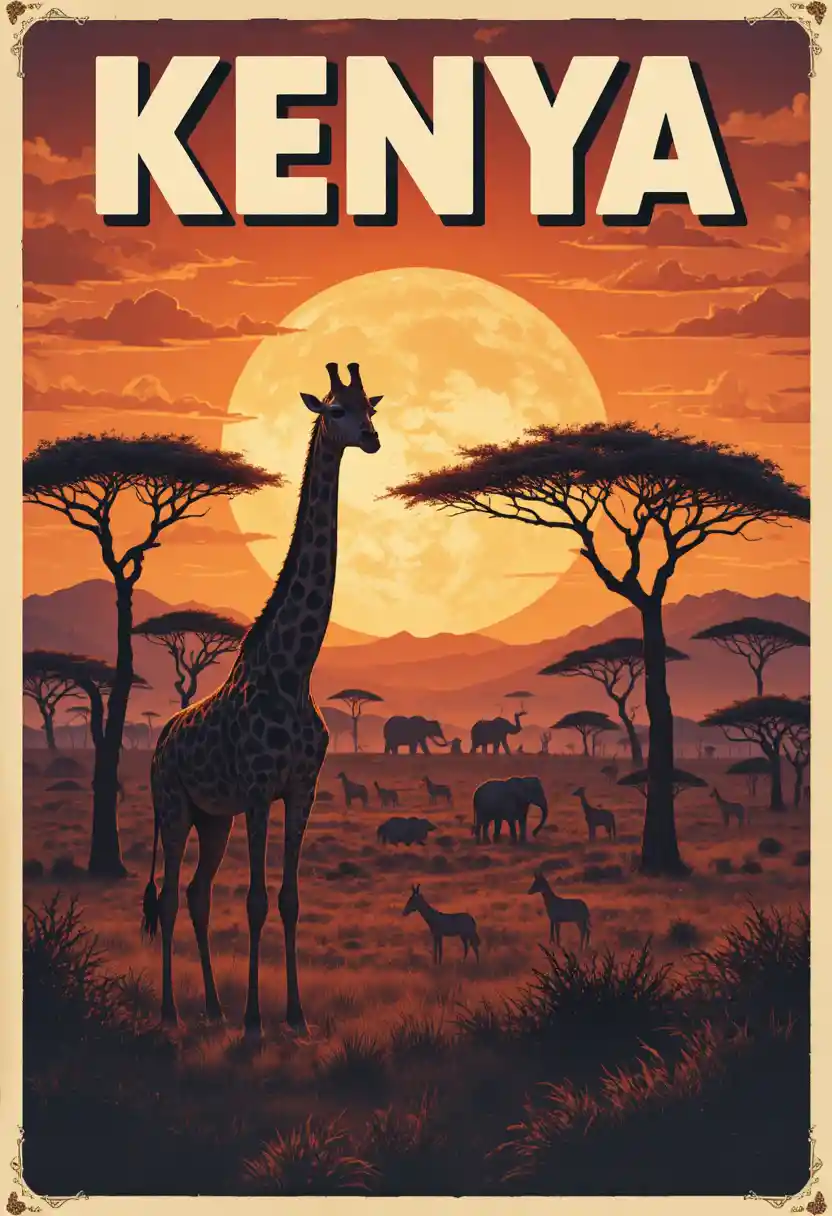 Vintage-Reiseplakat für Kenia mit Giraffen im Morgengrauen über der Savanne