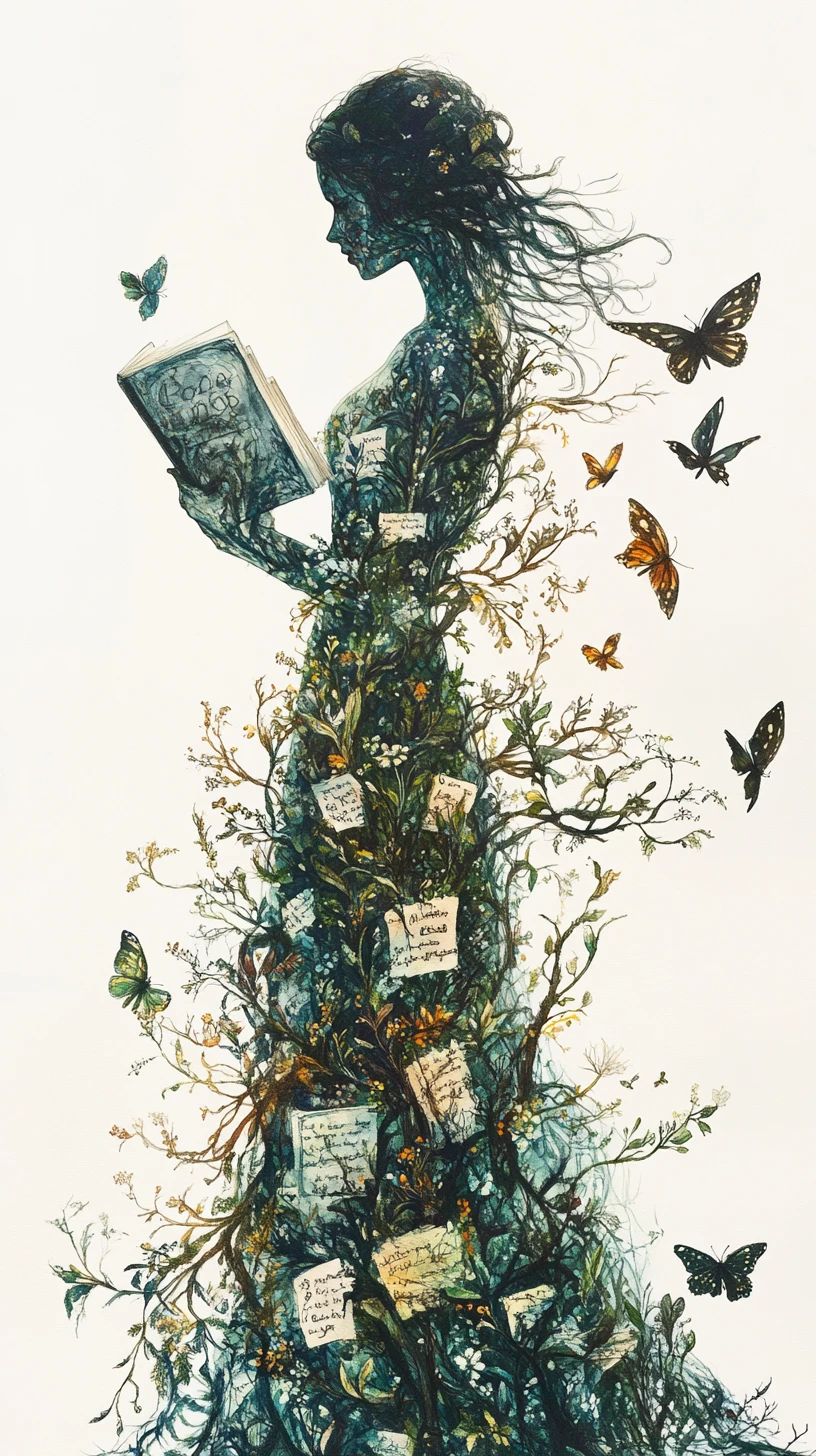 A robed figure dissolving into forests, rivers, and flowering meadows