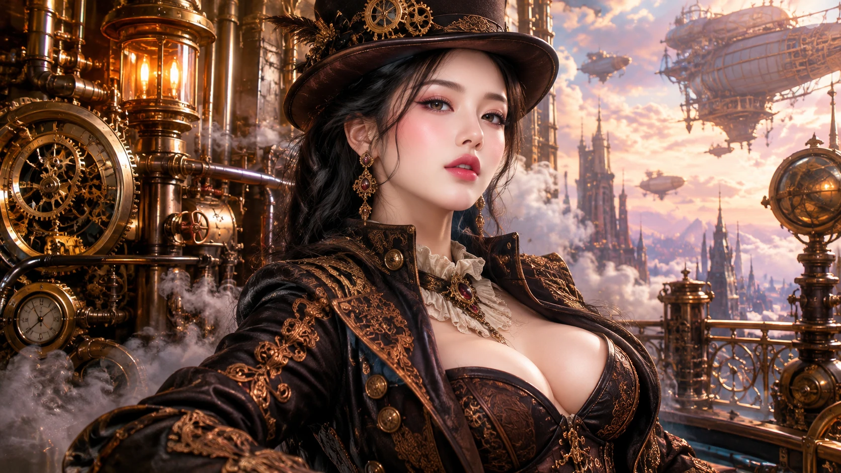 Una mujer victoriana entre tuberías silbantes y un intrincado mecanismo de relojería