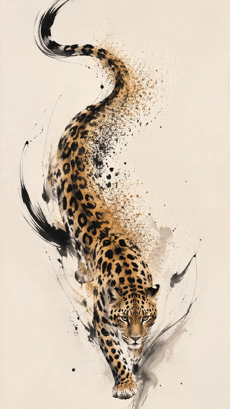 Un leopardo scende con curve fluide su un’illustrazione a inchiostro color avorio