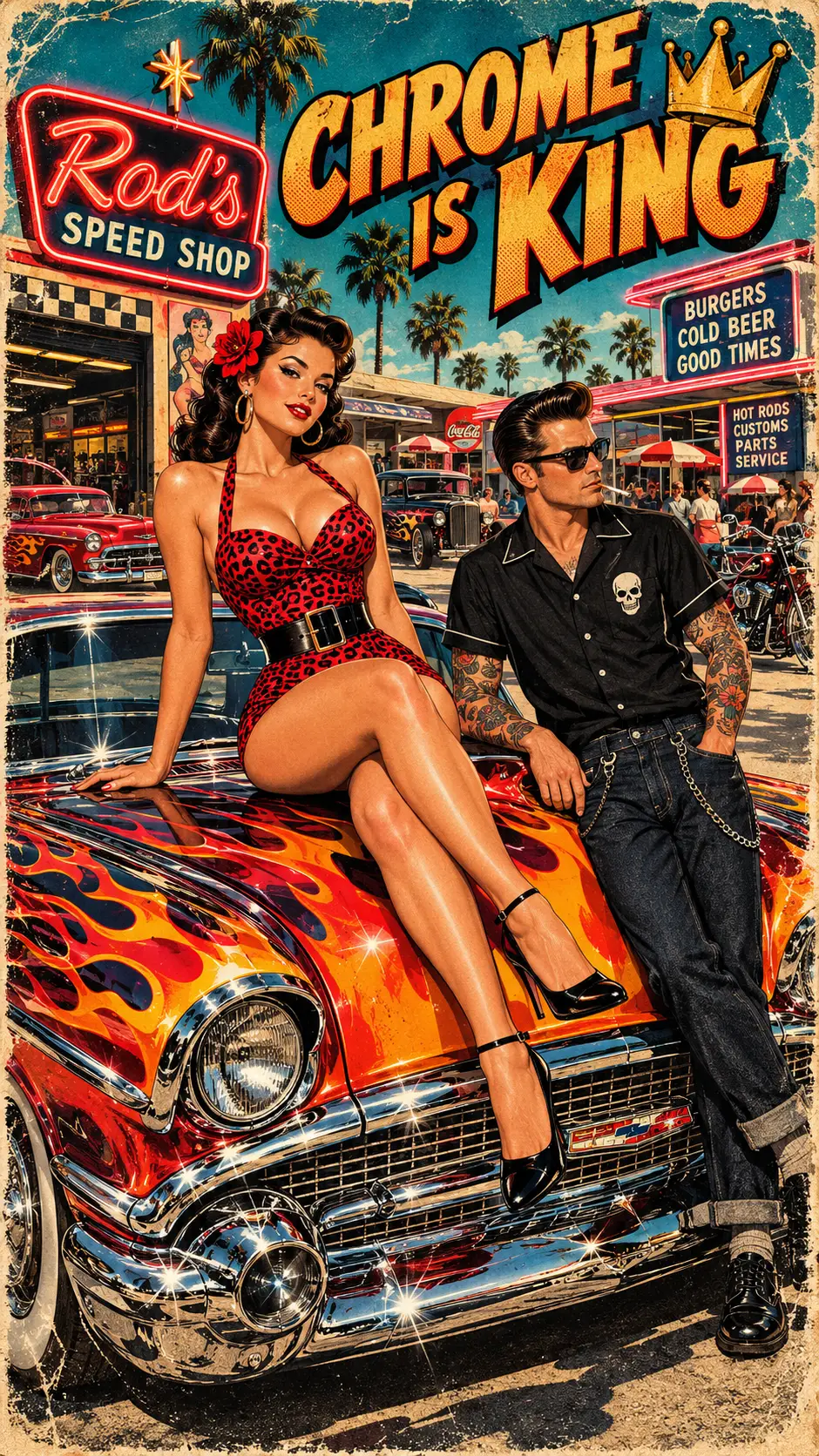 Un lowrider cromato con fiamme dipinte è il protagonista di un poster vintage rockabilly