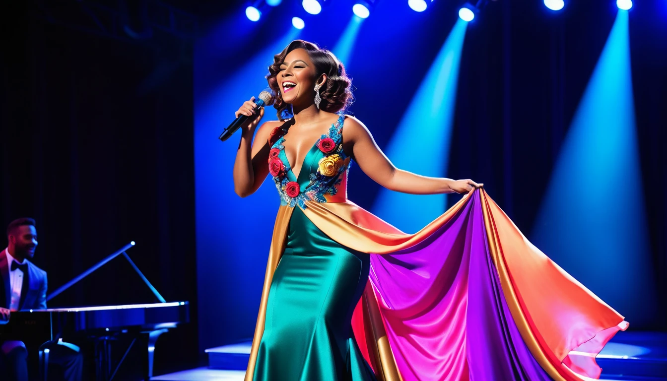 A singer commands the stage in a flowing multicolored evening gown
