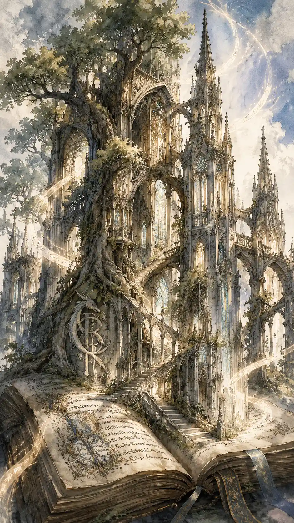 Una catedral fantástica emerge de las páginas de un antiguo manuscrito
