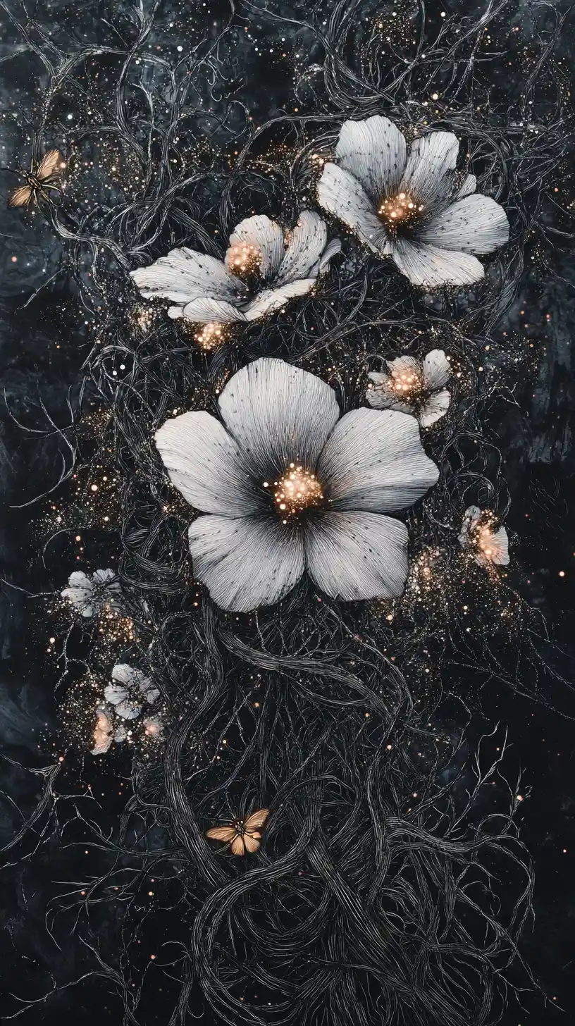 Fiori che sbocciano lungo percorsi neurali in un paesaggio botanico surreale