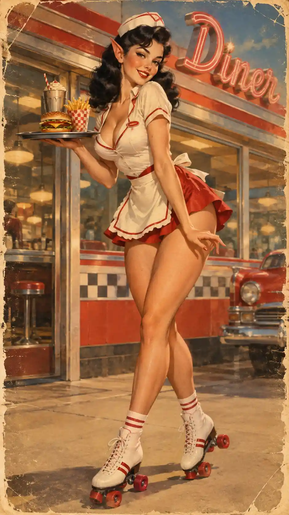 Eine junge Elfe serviert in einem Retro-Diner auf Rollschuhen Diner-Gerichte