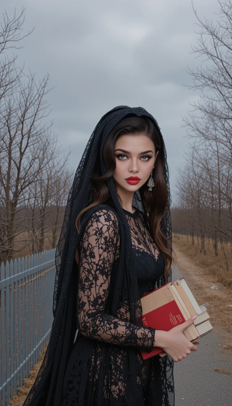 A veiled woman leans over red books beneath a cloudy sky