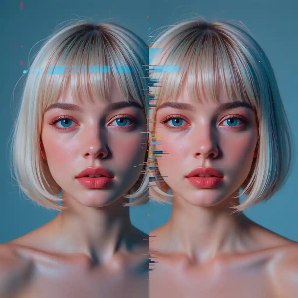 A young woman’s blue eyes emerge through a glitched double vision portrait