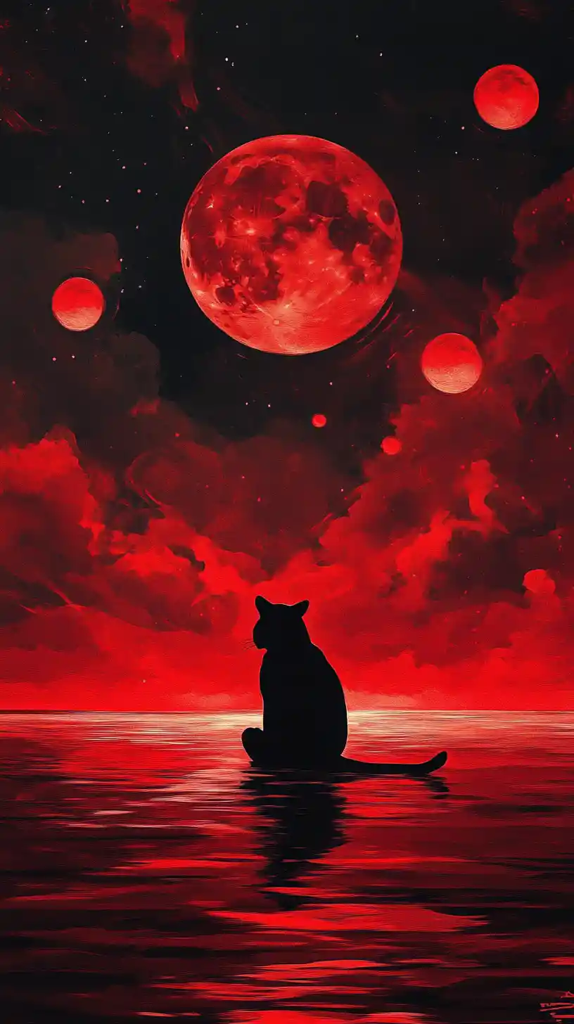 Una pantera nera seduta accanto a un vasto oceano sotto un cielo rosso sangue