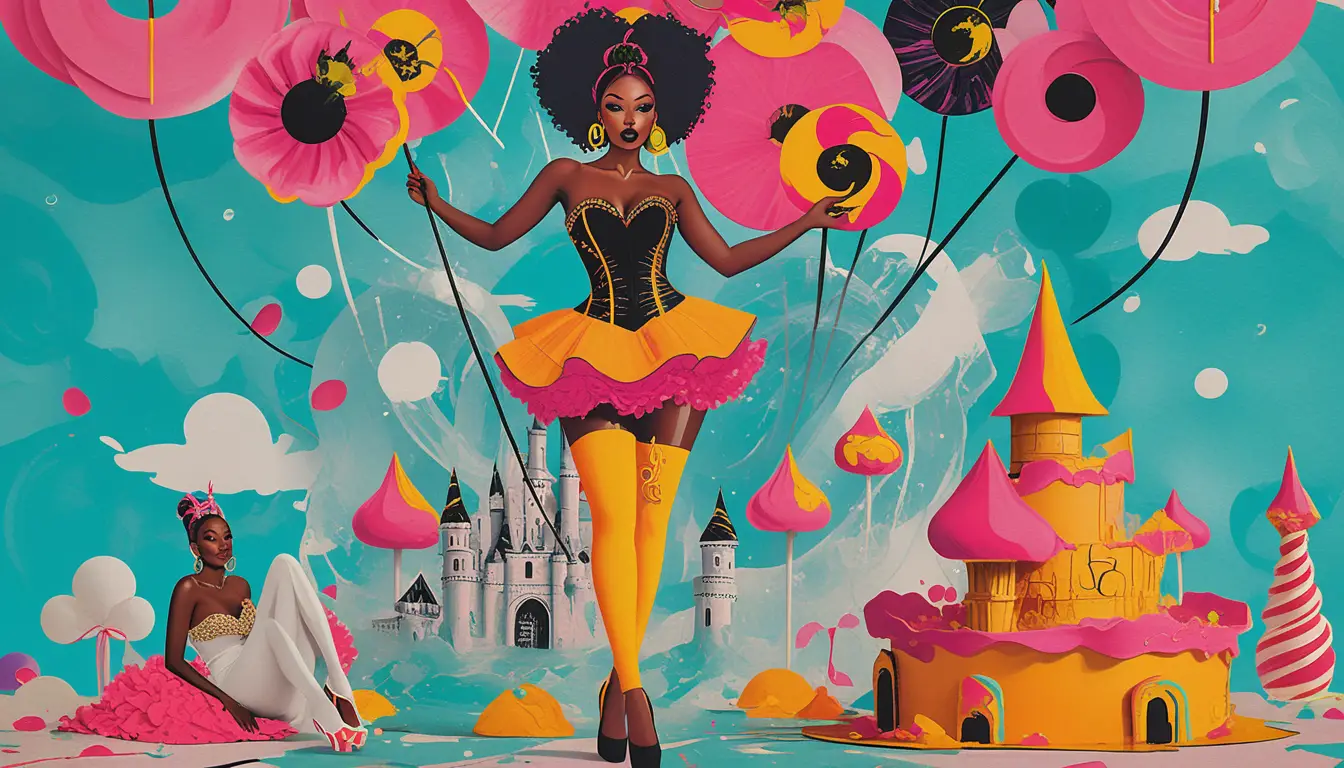 Una modella nera di alta moda sfila su una passerella di Candyland con un’acconciatura scultorea fatta di caramelle
