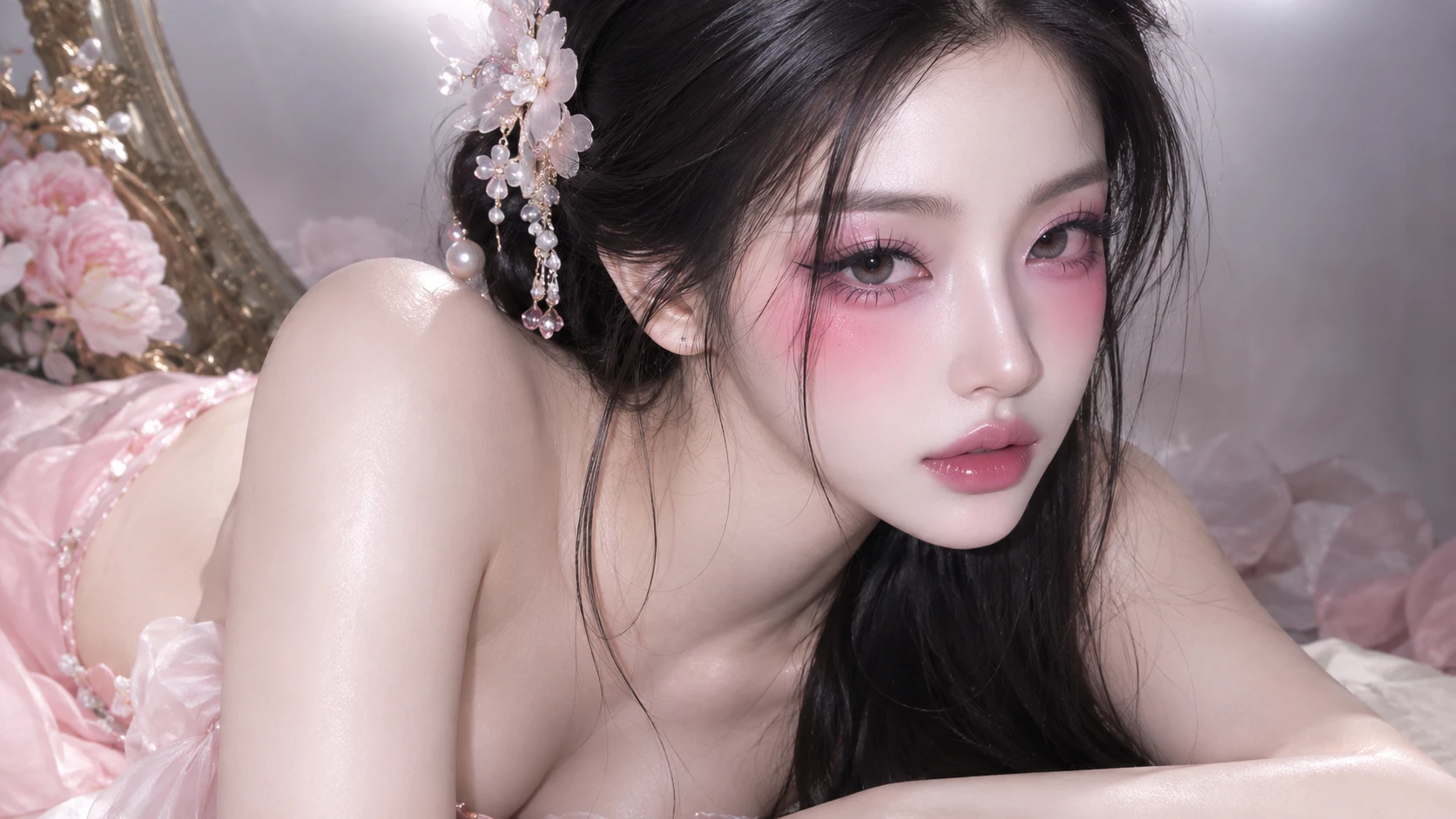 Donna dell'Asia orientale con trucco rosato in un ritratto in studio