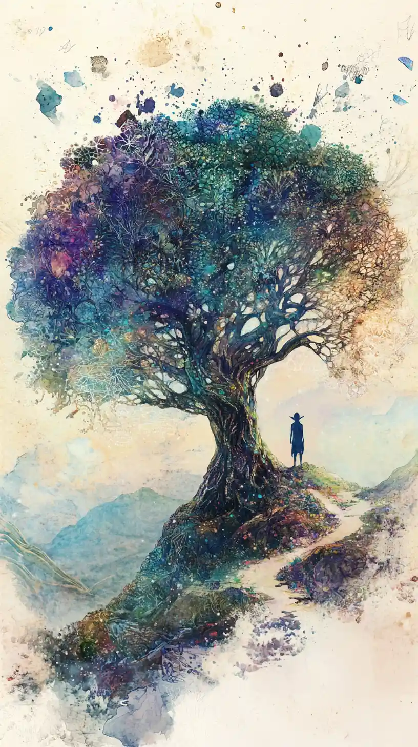Un elfo solitario sotto un albero antico formato da schizzi botanici