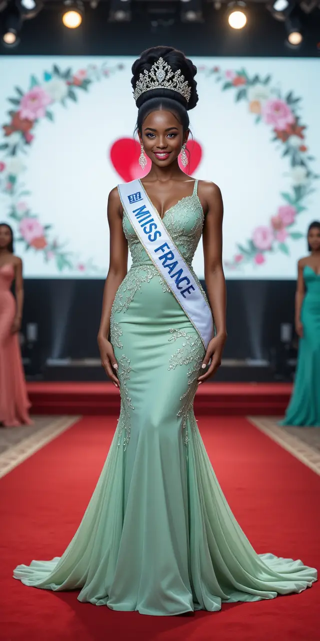 Miss-France-Siegerin steht selbstbewusst in einem grünen Kleid auf dem roten Teppich