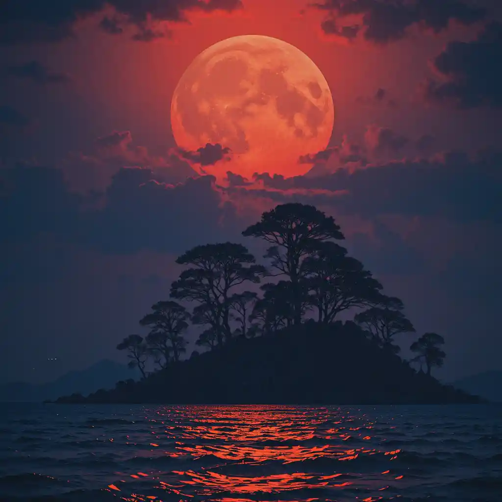 Una gigantesca luna rossa sorge dietro gli alberi sopra un oceano che ne riflette la luce
