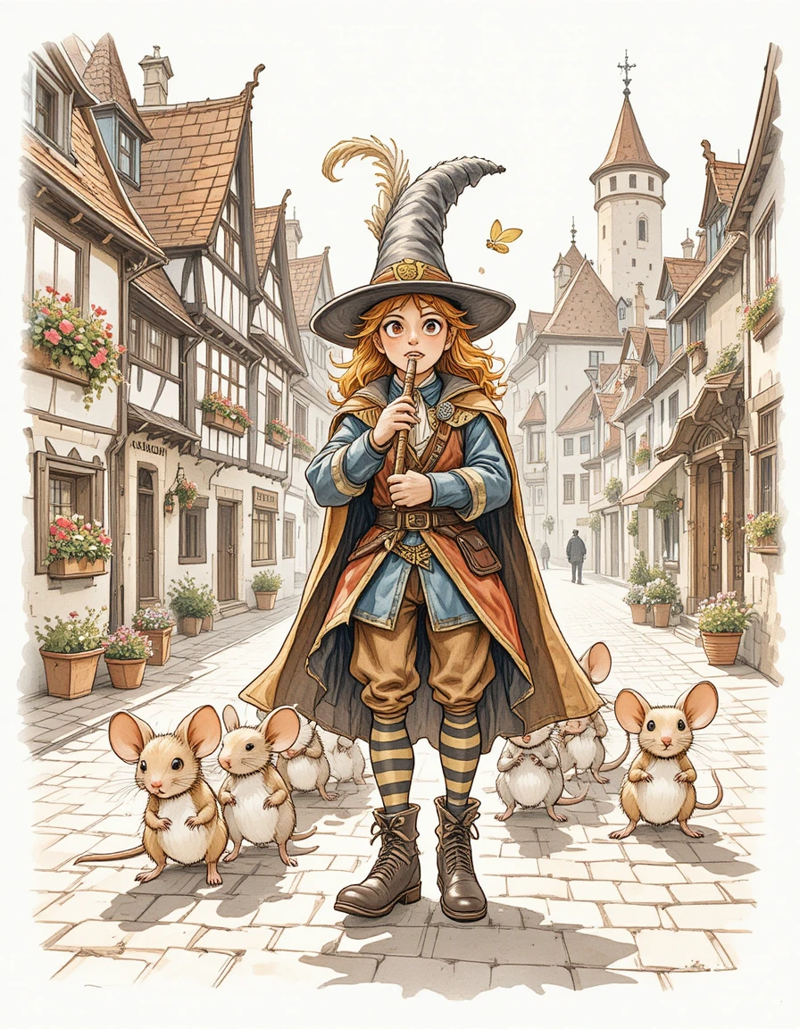 The pied piper leads a trail of mice through a medieval town