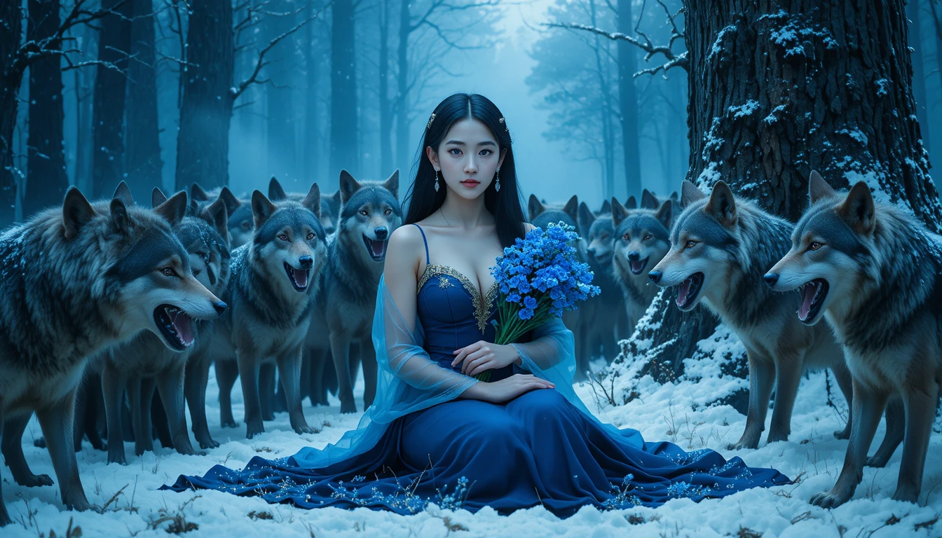 A fantasy woman sits among gray wolves in a snowy forest