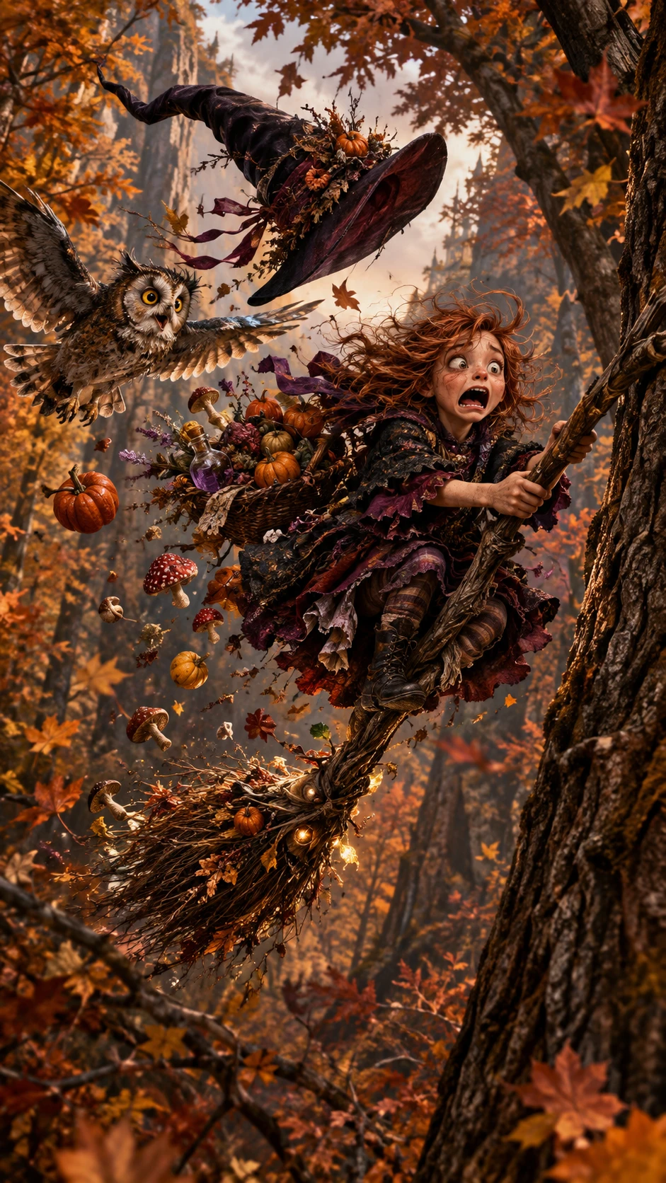 A panicked witch races through an autumn forest on a wayward broom