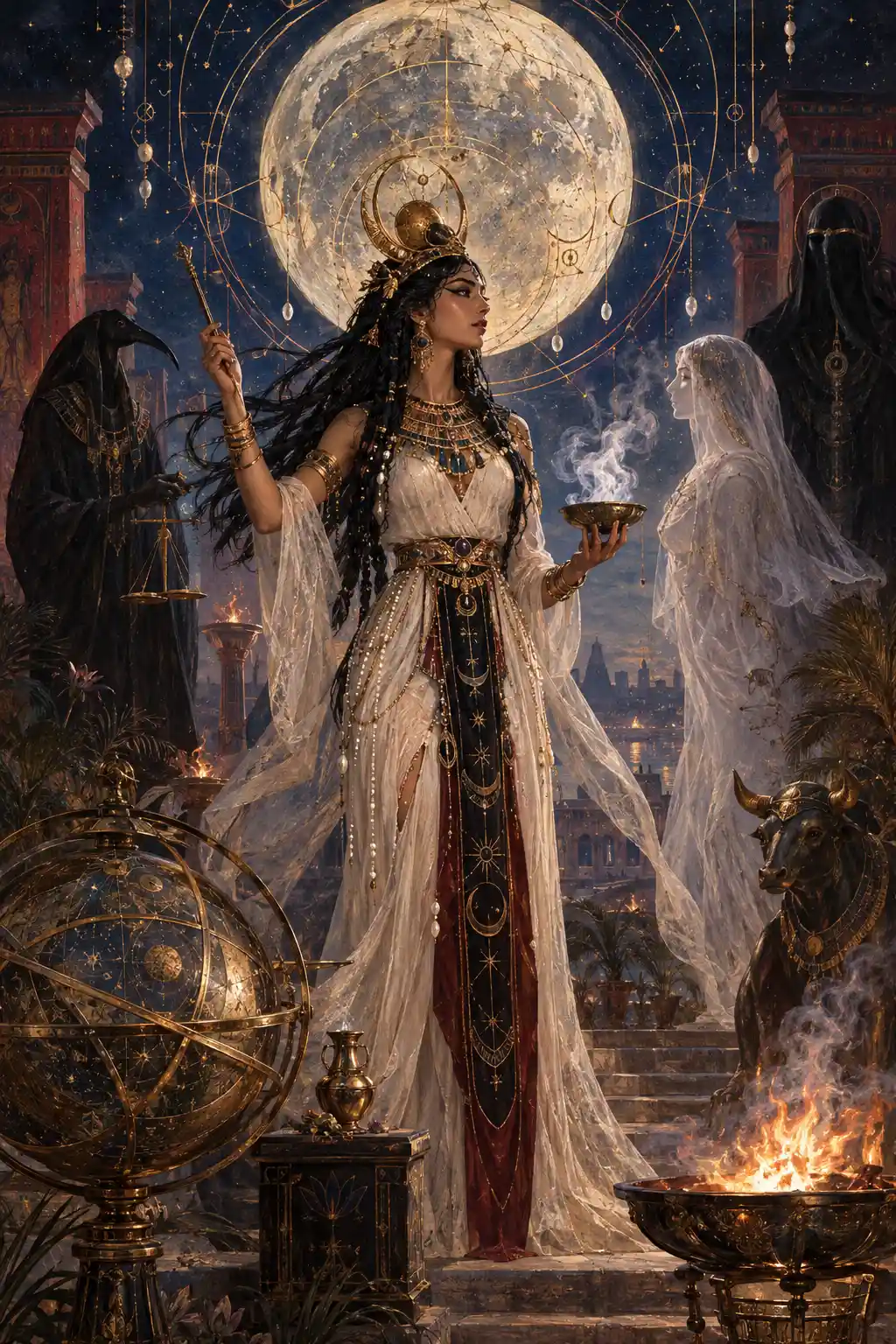 A Moon Priestess Performs A Celestial Ritual Beneath An Enormous Full Moon