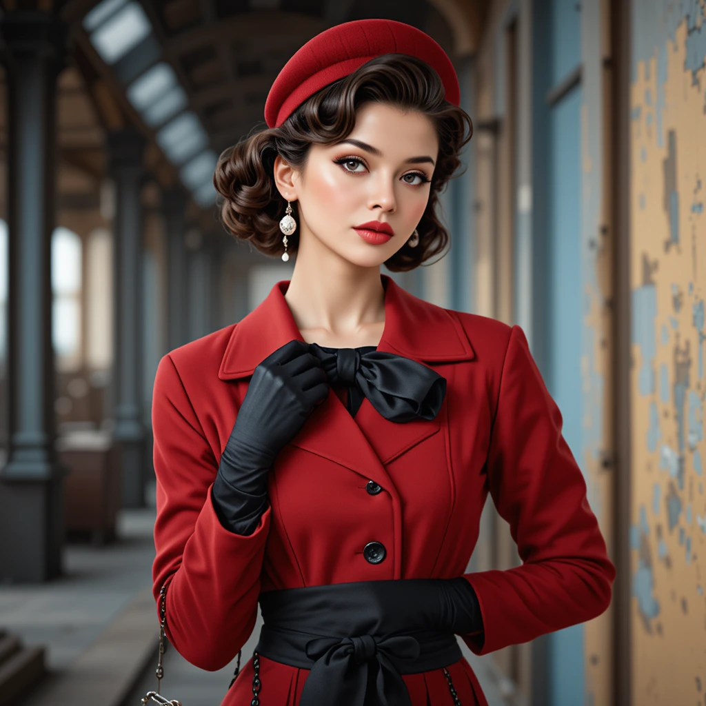 Une femme pose avec un manteau rouge par-dessus une robe noire