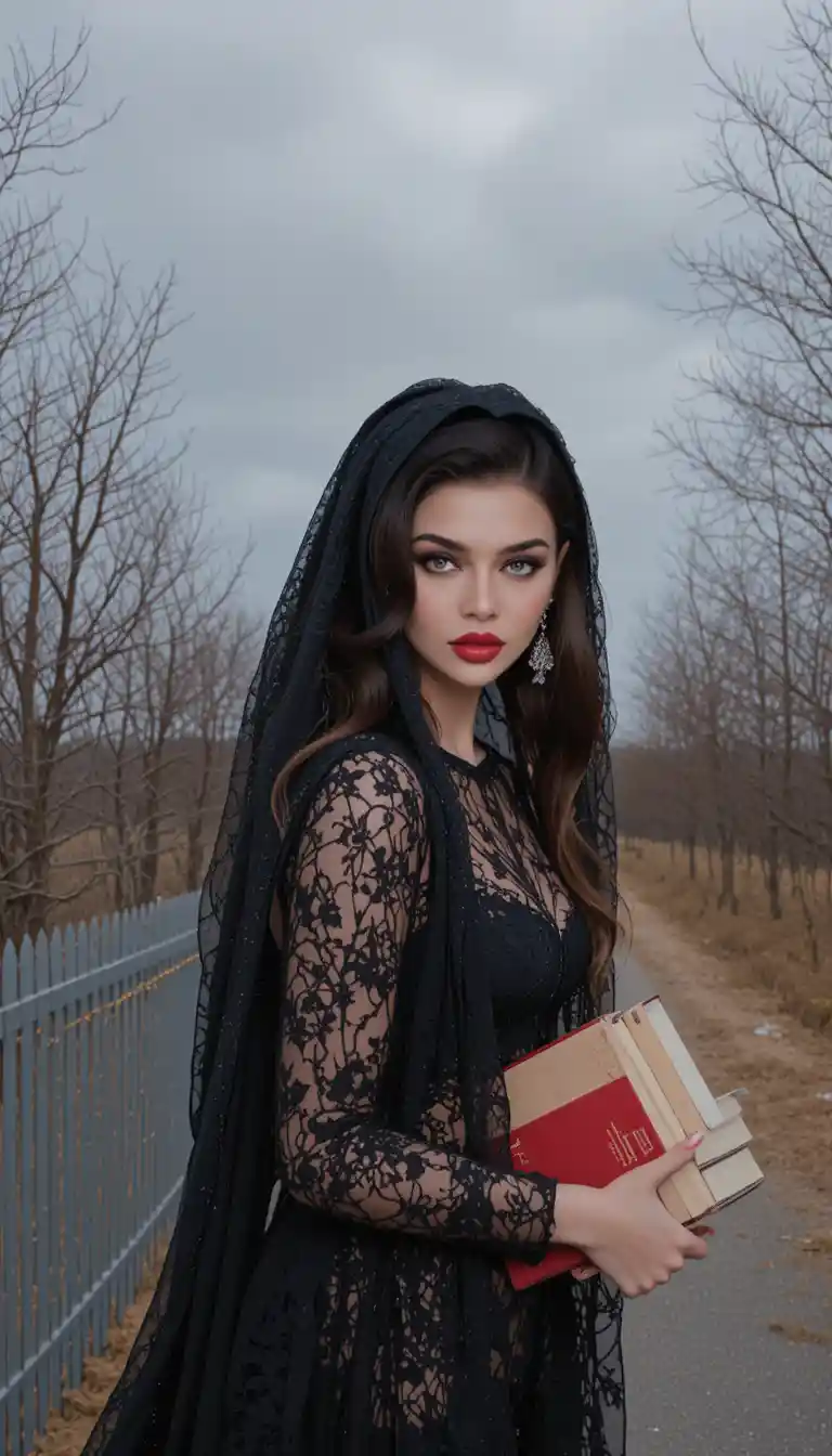 A veiled woman leans over red books beneath a cloudy sky