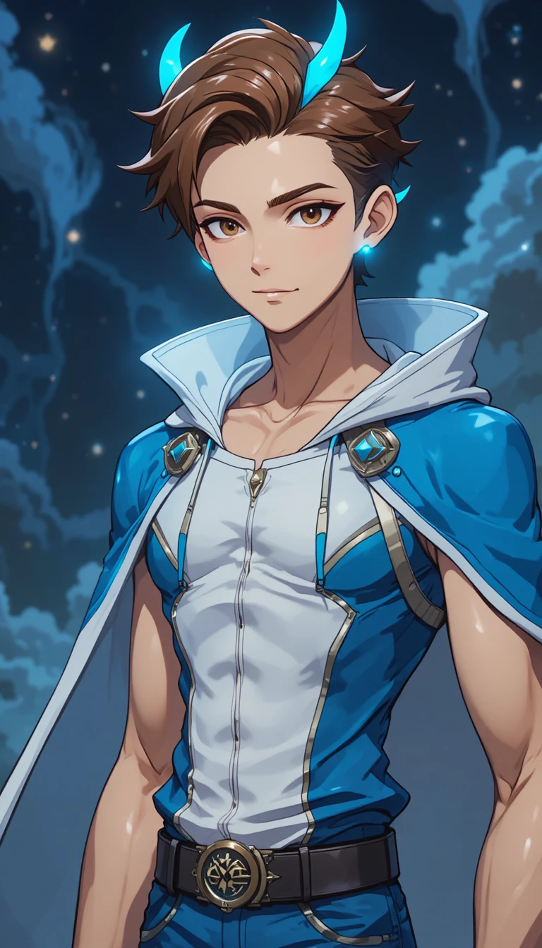 A young eliatrope man with luminous blue horns and ears