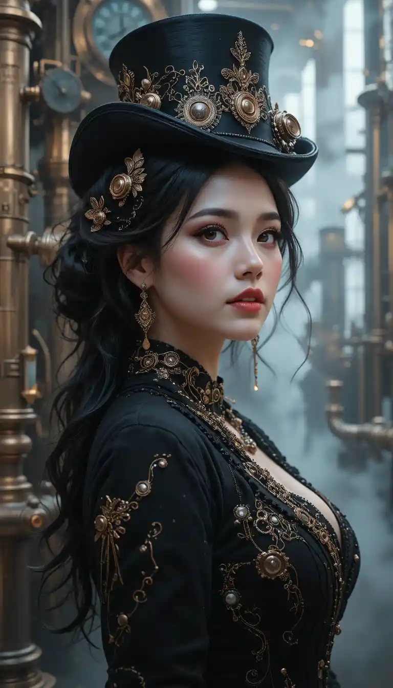 Femme d’inspiration victorienne au milieu de tuyaux en laiton et d’un mécanisme d’horlogerie complexe