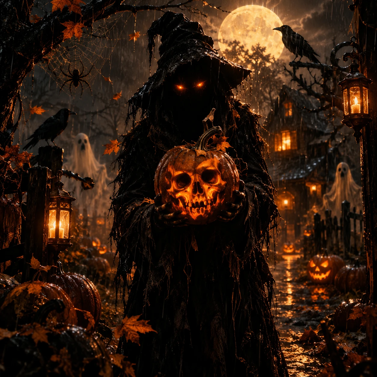 A shadowy Halloween figure emerges from darkness holding pumpkin carved skulls