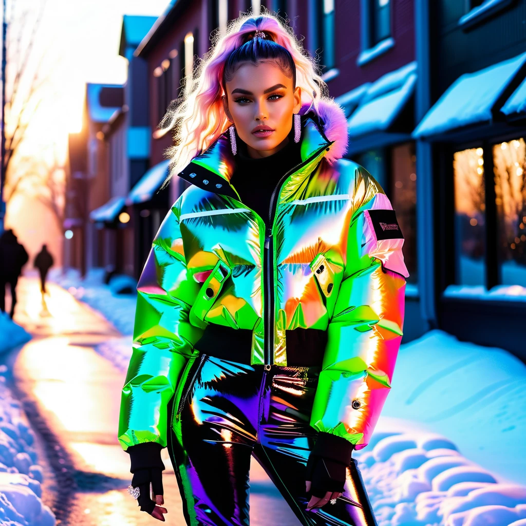 A fashion model wears sculptural frost streetwear on a snowy city street