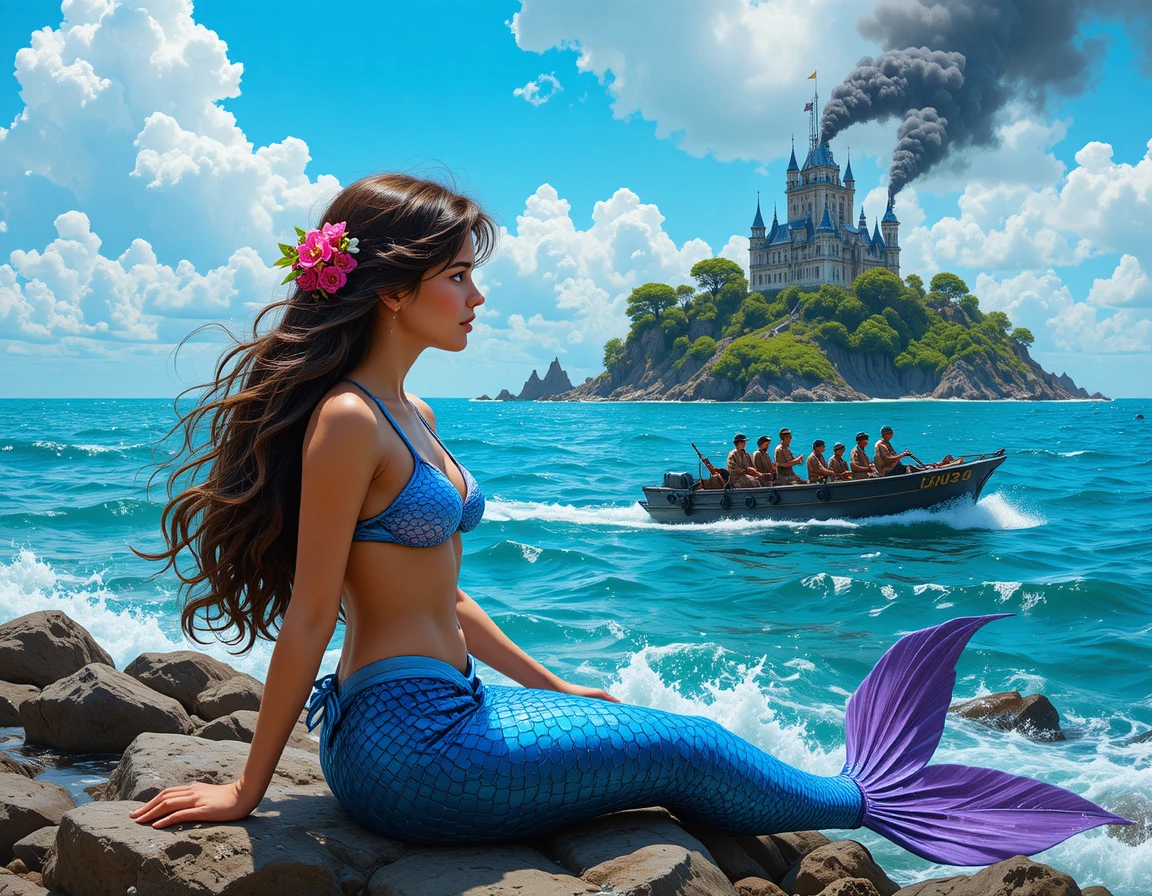 A young mermaid sits on a rocky shore beside the ocean