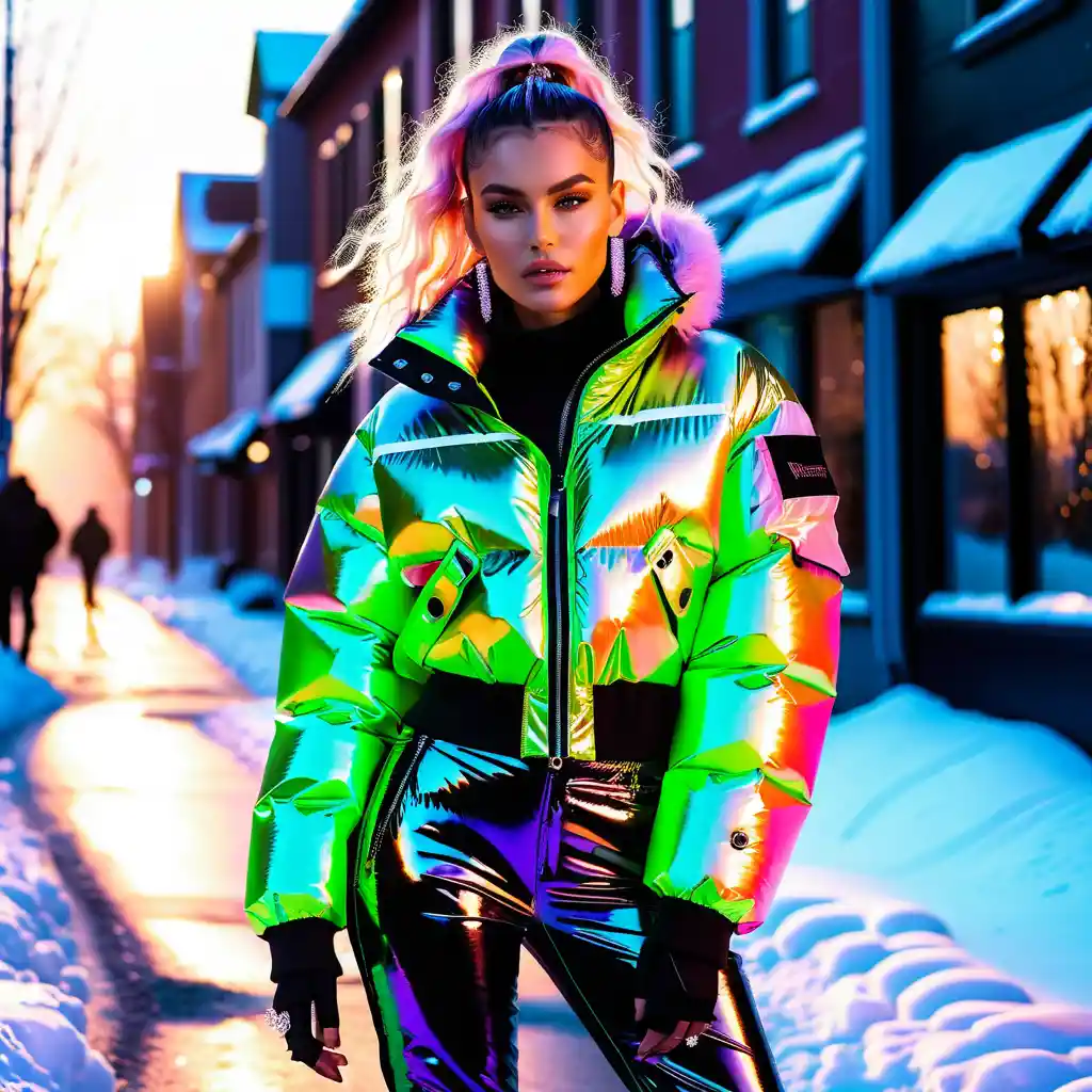 A fashion model wears sculptural frost streetwear on a snowy city street