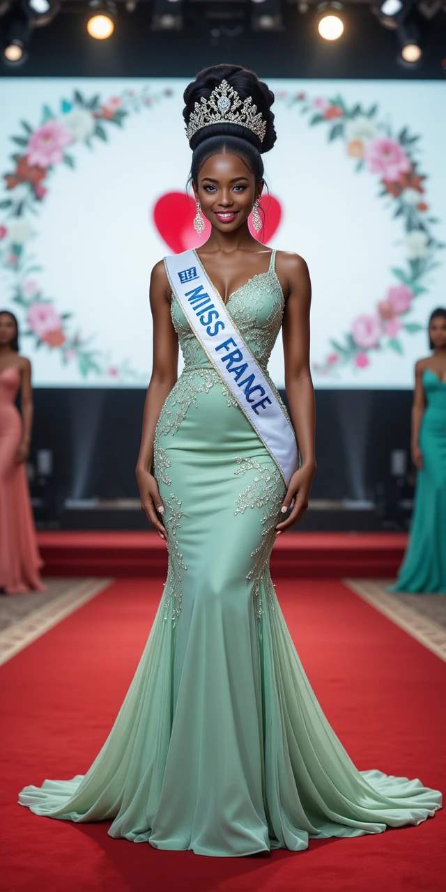 Miss France Winner Stands Confidently In A Green Gown On The Red Carpet