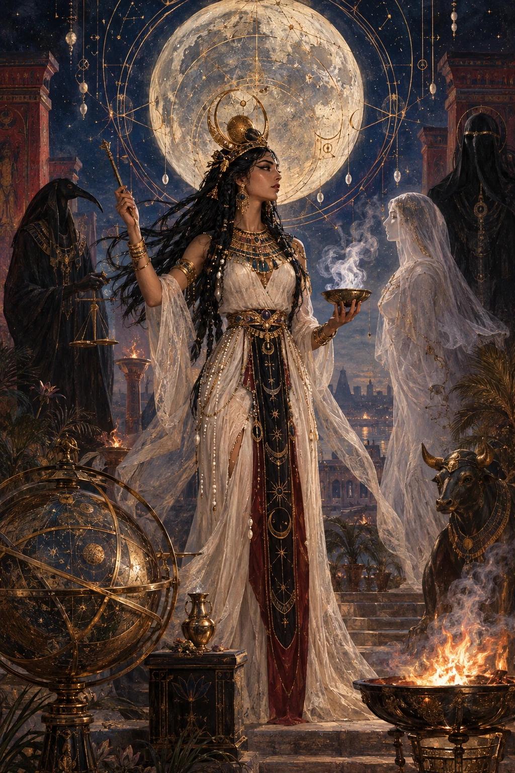 A Moon Priestess Performs A Celestial Ritual Beneath An Enormous Full Moon