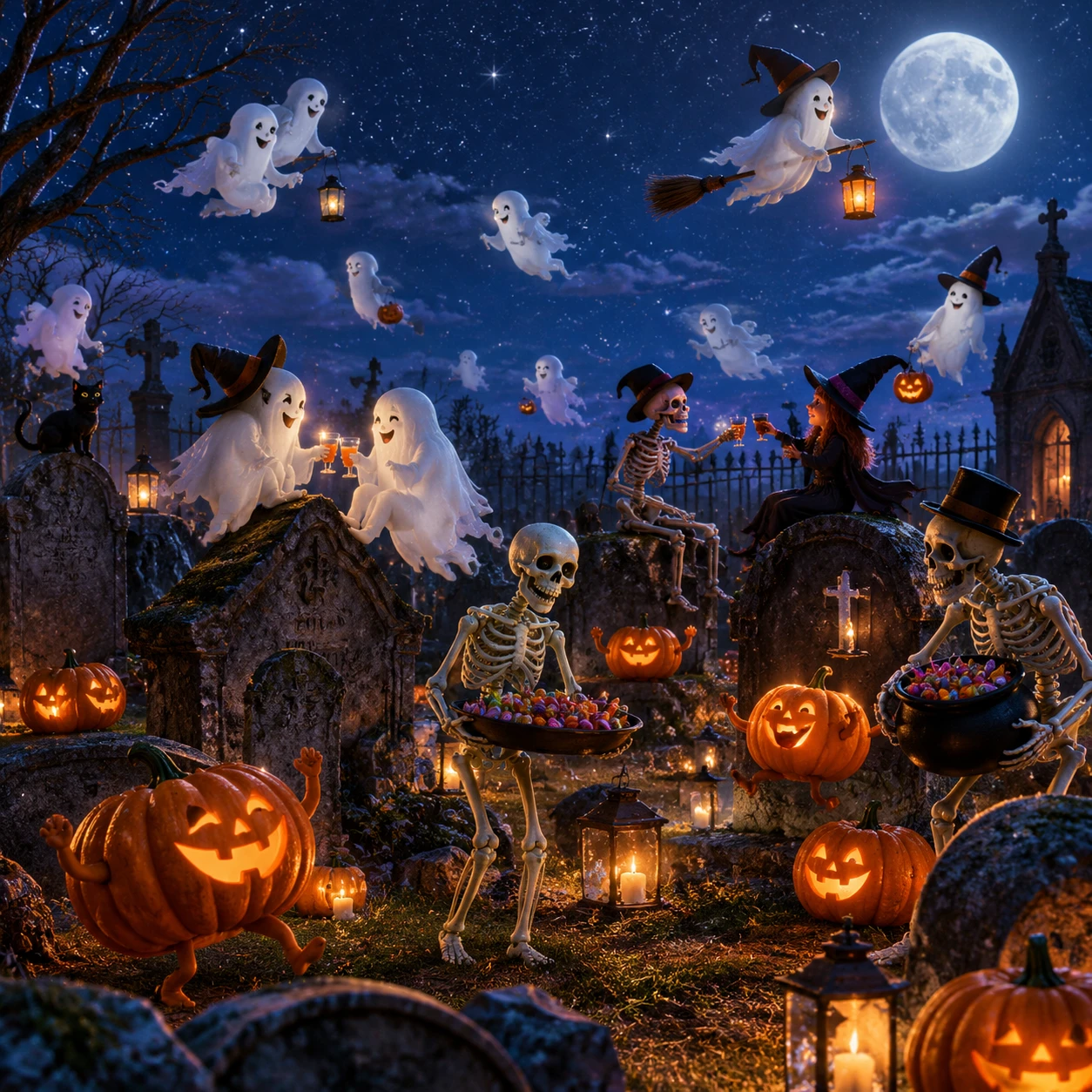 Ghosts Celebrate Above Cemetery Gravestones Beneath a Starry Night Sky
