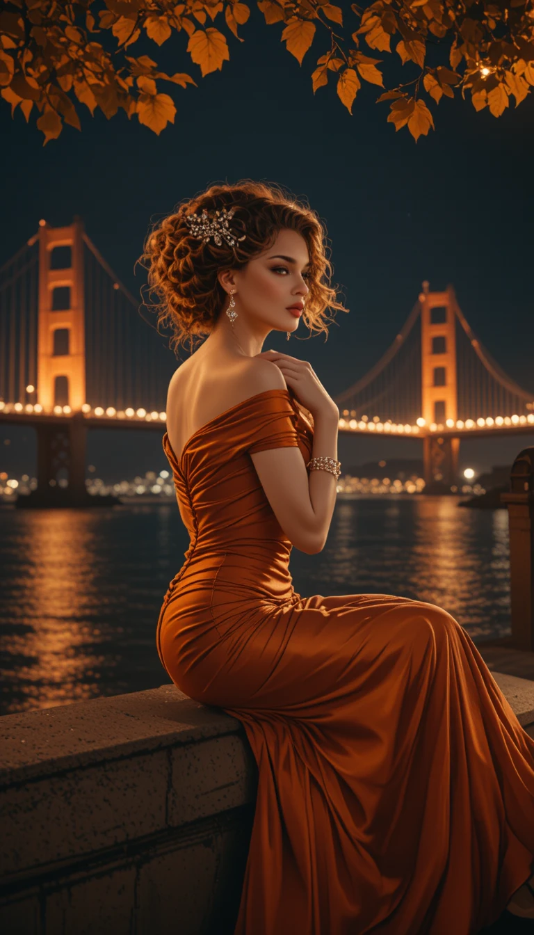 A glamorous woman sits in profile on a waterfront ledge at night